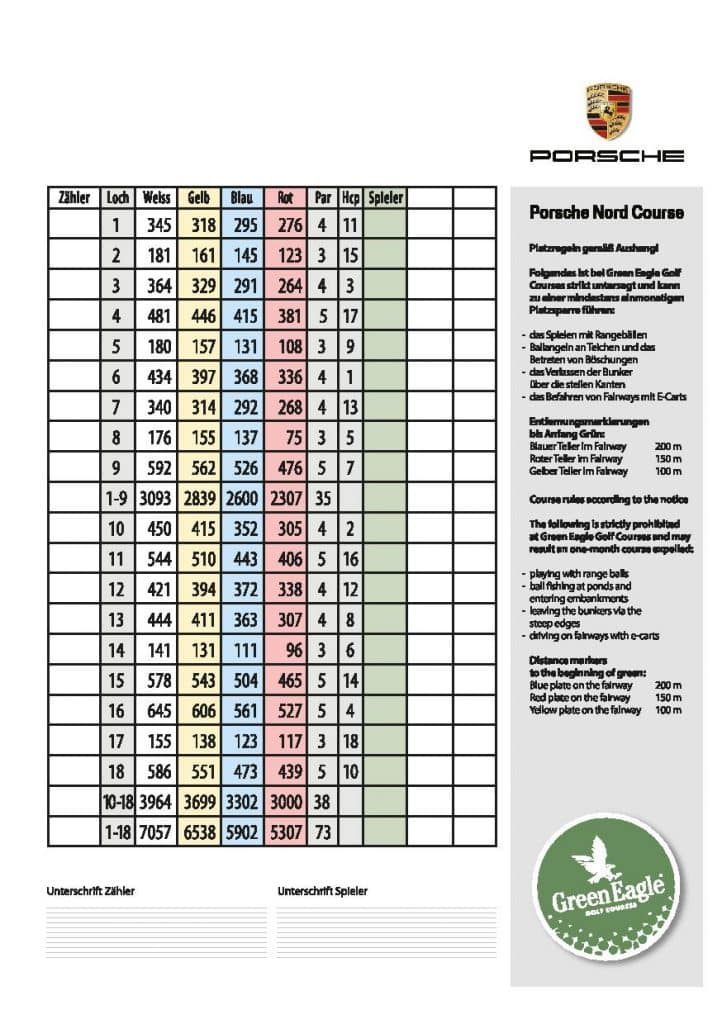 Green Eagle Golf Courses Scorekarte Porsche Nord Course Green Eagle Green Eagle Golf Courses Scorekarte Porsche Nord Course Green Eagle